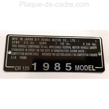 Honda CR 125 identification plate - Honda CR 125 data plate